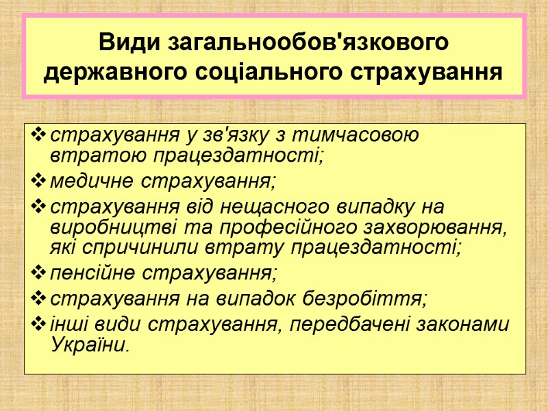 Види загальнообов'язкового державного соціального страхування страхування у зв'язку з тимчасовою втратою працездатності; медичне страхування;